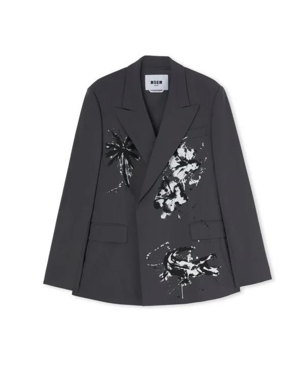 MSGM Blazer Doppiopetto In Fresco Lana Con Stampa Artigianale "Pinapple" Dark Grey Cheap