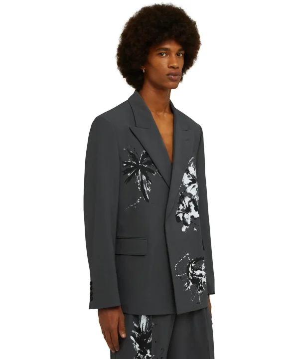 MSGM Blazer Doppiopetto In Fresco Lana Con Stampa Artigianale "Pinapple" Dark Grey Cheap