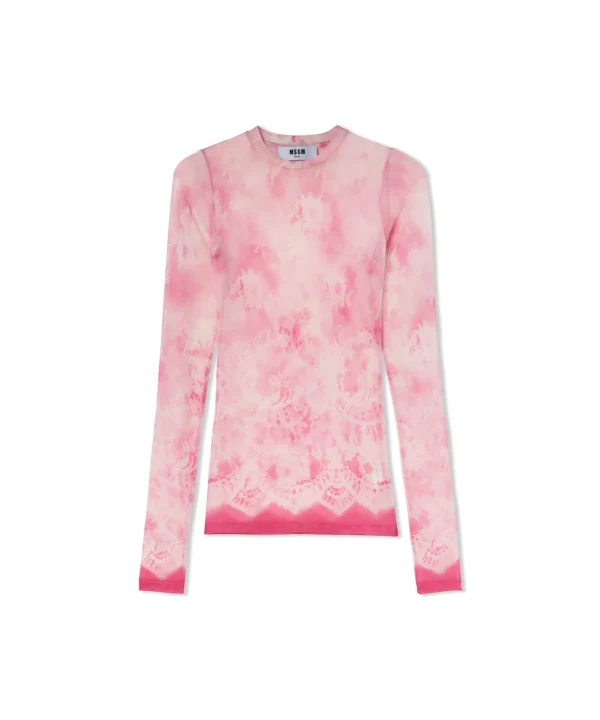 MSGM Blusa Girocollo In Mesh Con Stampa "Trompe L'Oleil Lace" Pink Cheap