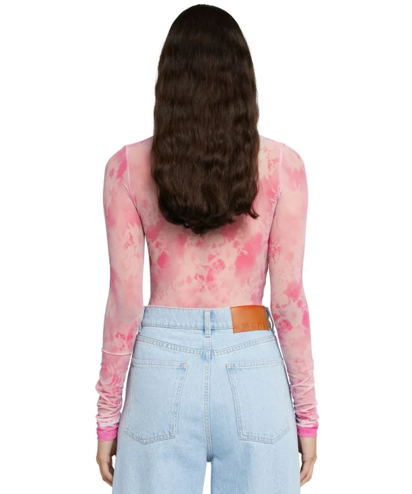 MSGM Blusa Girocollo In Mesh Con Stampa "Trompe L'Oleil Lace" Pink Cheap