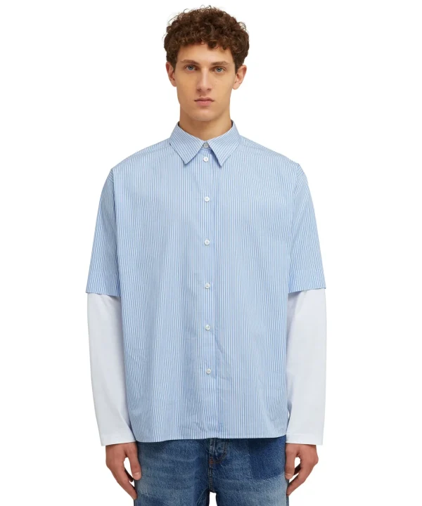 MSGM Camicia Bacchettata In Cotone Popeline Con Maniche Maglietta Incorporate Blue Sale