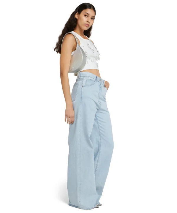 MSGM Canotta Crop In Cotone Con Dettagli Gioiello Applicati White New