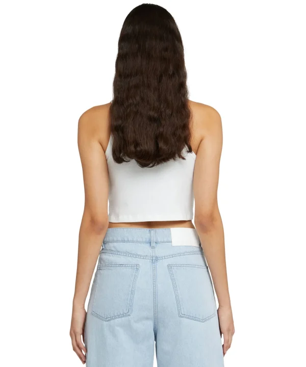 MSGM Canotta Crop In Cotone Con Dettagli Gioiello Applicati White New