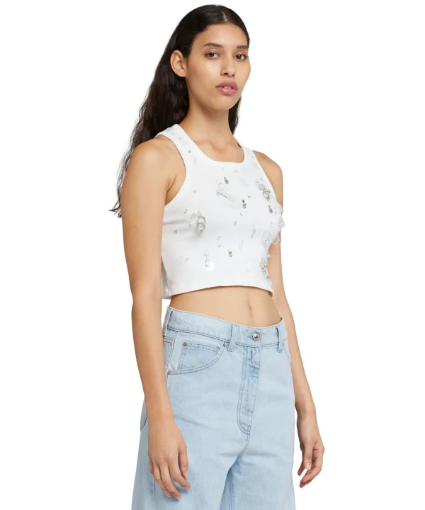 MSGM Canotta Crop In Cotone Con Dettagli Gioiello Applicati White New
