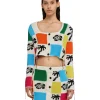 MSGM Cardigan Crop In Maglia Patchwork Con Intarsi Di Hibiscus E Palme Grey Hot