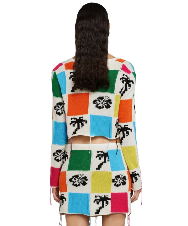 MSGM Cardigan Crop In Maglia Patchwork Con Intarsi Di Hibiscus E Palme Grey Hot