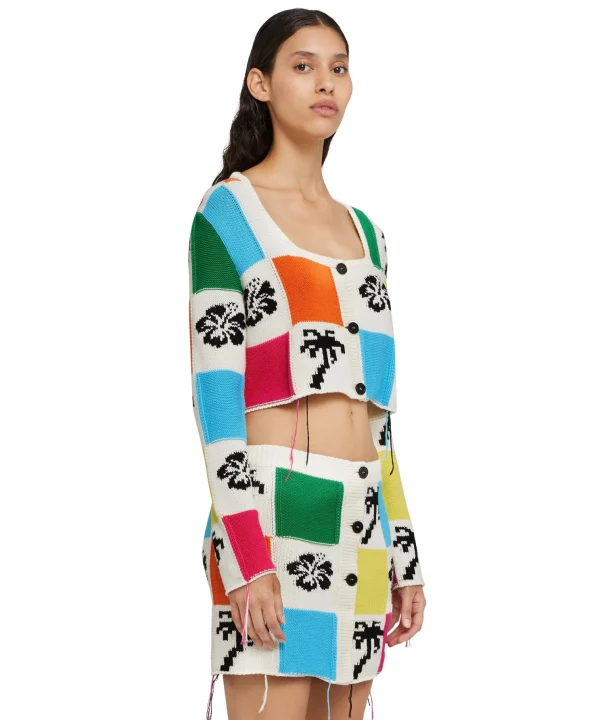MSGM Cardigan Crop In Maglia Patchwork Con Intarsi Di Hibiscus E Palme Grey Hot