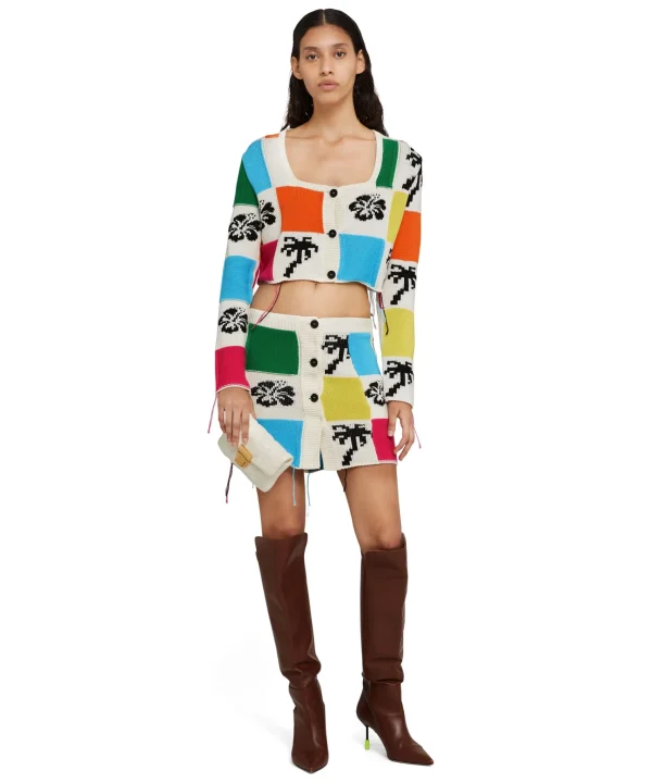 MSGM Cardigan Crop In Maglia Patchwork Con Intarsi Di Hibiscus E Palme Grey Hot