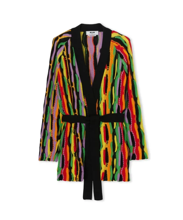 MSGM Cardigan In Maglia Di Cotone Con Rouches Multicolor Black Cheap