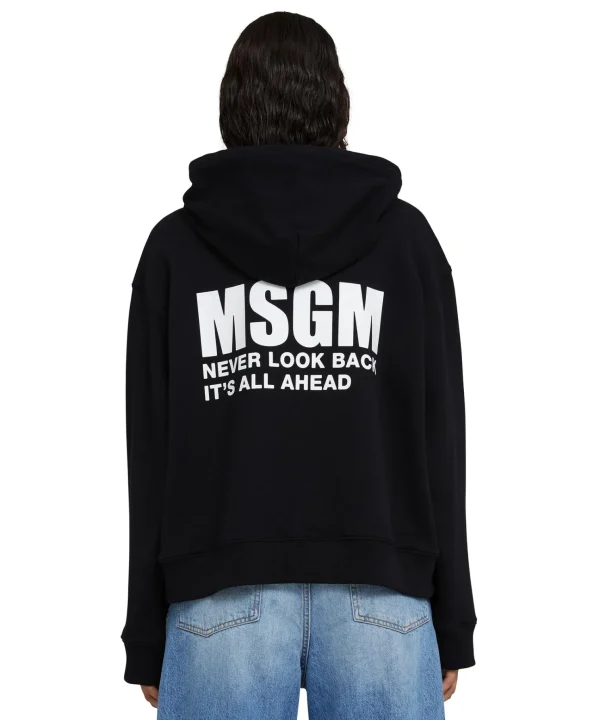 MSGM Felpa Con Cappuccio In Cotone Con Logo E Quote Black Discount