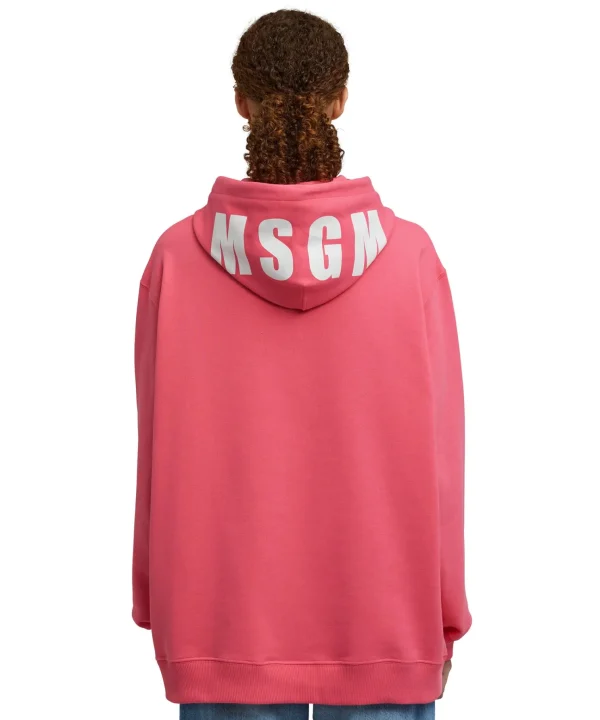 MSGM Felpa Con Cappuccio In Cotone Tinta Unita Con Logo Fucsia New