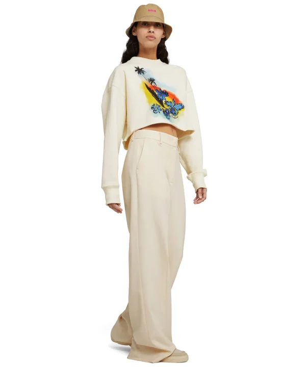 MSGM Felpa Crop Girocollo In Cotone Tinta Unita Con Grafica " Sunset" Cream Clearance