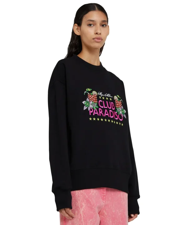 MSGM Felpa Girocollo In Cotone Tinta Unita Con Grafica "Club Paradiso" Black Hot