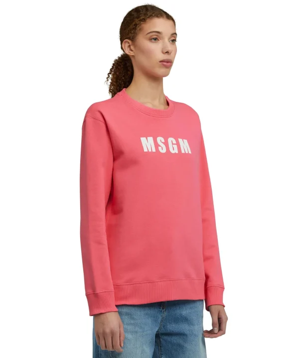 MSGM Felpa Girocollo In Cotone Tinta Unita Con Logo Fucsia Flash Sale