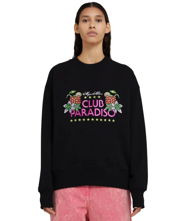 MSGM Felpa Girocollo In Cotone Tinta Unita Con Grafica "Club Paradiso" Black Hot