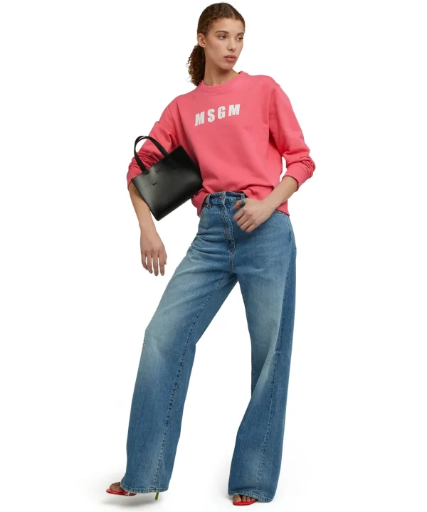 MSGM Felpa Girocollo In Cotone Tinta Unita Con Logo Fucsia Flash Sale