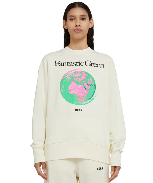 MSGM Felpa Girocollo In Cotone Organico Della Capsule Fantastic Green Cream Clearance