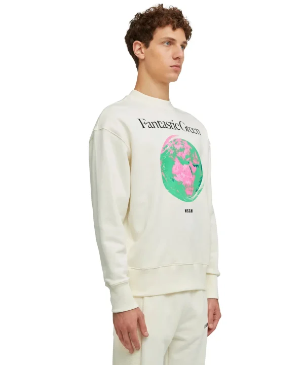 MSGM Felpa Girocollo In Cotone Organico Della Capsule Fantastic Green Cream Clearance