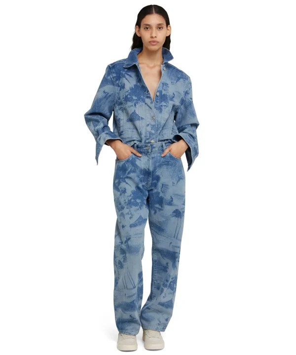 MSGM Giacca Crop In Denim Con Lavorazione "Surfer" A Laser Blue Discount