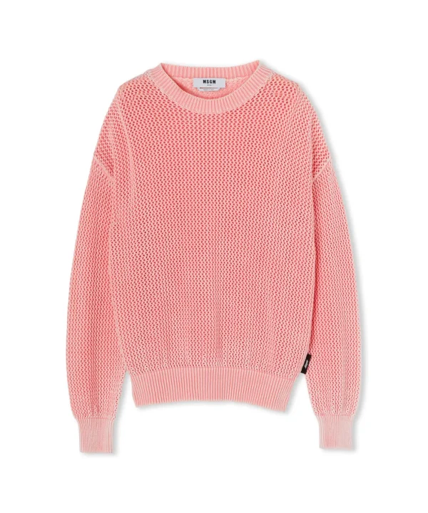 MSGM Maglione Girocollo In Maglia Di Cotone Overdyed Con Lavorazione A Rete Orange Fashion