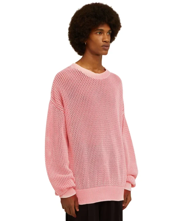 MSGM Maglione Girocollo In Maglia Di Cotone Overdyed Con Lavorazione A Rete Orange Fashion