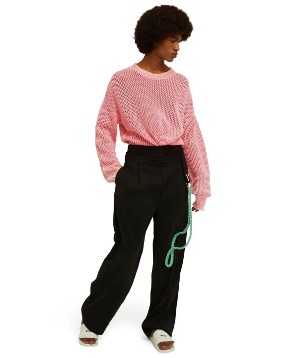 MSGM Maglione Girocollo In Maglia Di Cotone Overdyed Con Lavorazione A Rete Orange Fashion