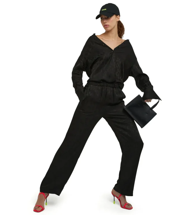 MSGM Pantalone Fluido A Gamba Dritta In Viscosa Camo Jaquard Black New