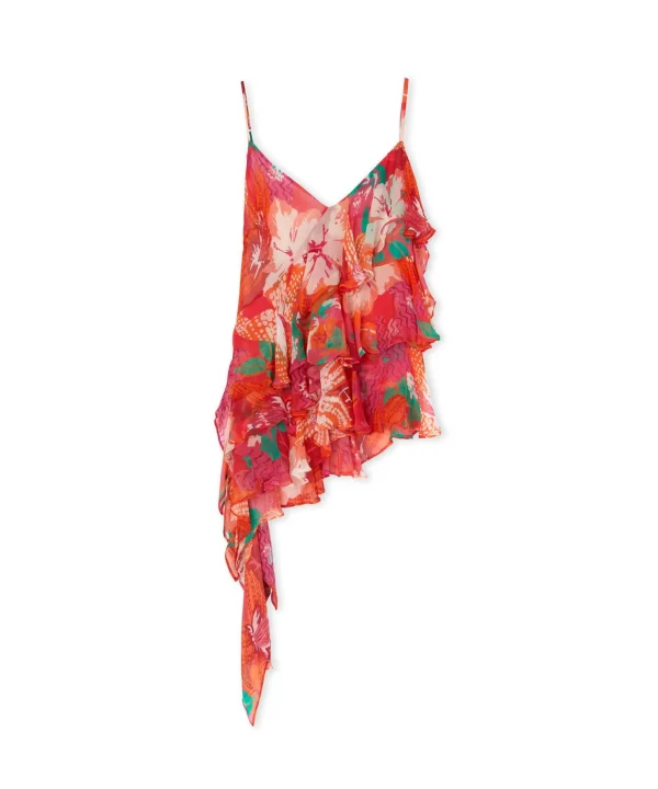 MSGM Top Assimetrico Con Balze Applicate In Viscosa Crepon Con Stampa "Tropico" Red New