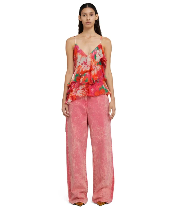 MSGM Top Assimetrico Con Balze Applicate In Viscosa Crepon Con Stampa "Tropico" Red New