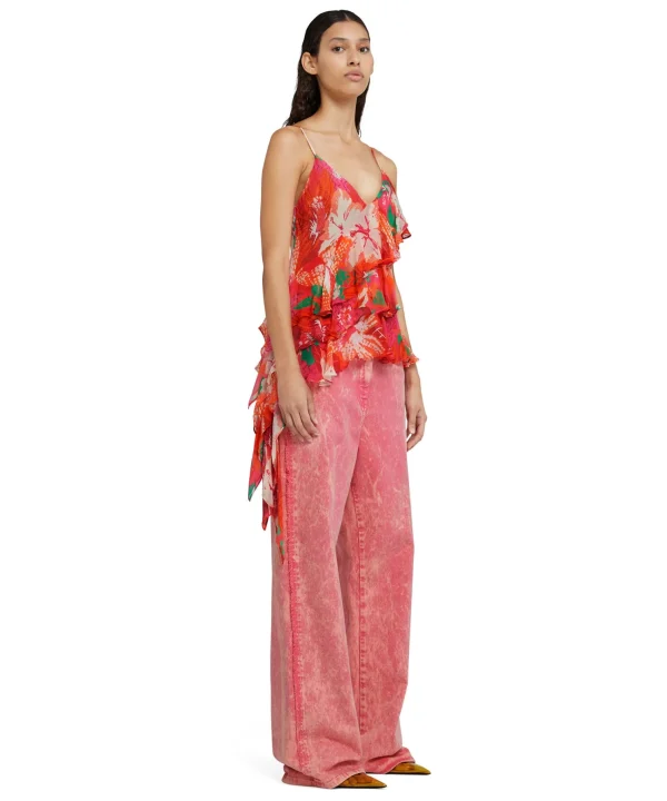 MSGM Top Assimetrico Con Balze Applicate In Viscosa Crepon Con Stampa "Tropico" Red New