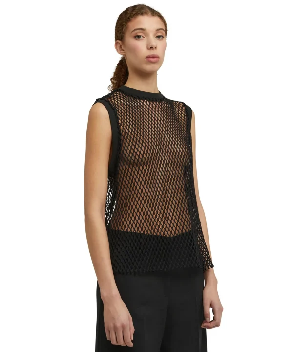 MSGM Top Girocollo A Rete In Cotone Tinta Unita Black Store