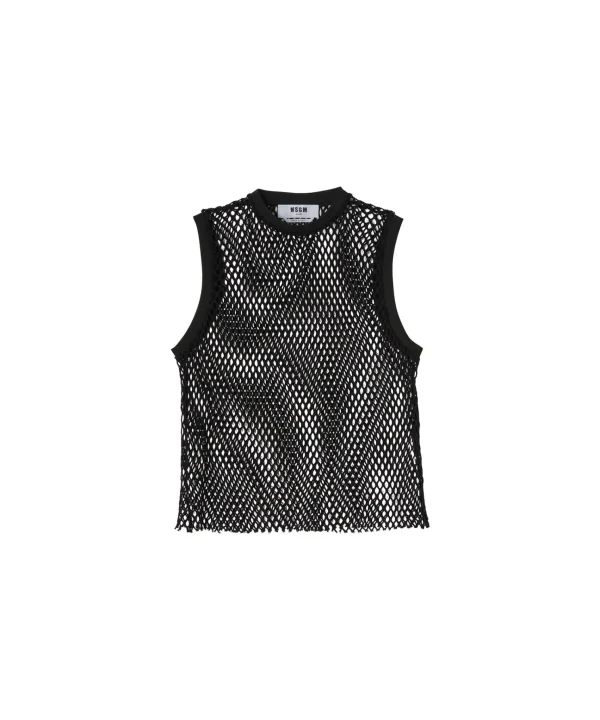 MSGM Top Girocollo A Rete In Cotone Tinta Unita Black Store
