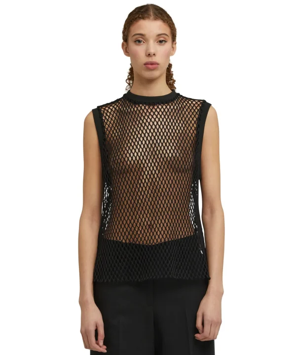 MSGM Top Girocollo A Rete In Cotone Tinta Unita Black Store