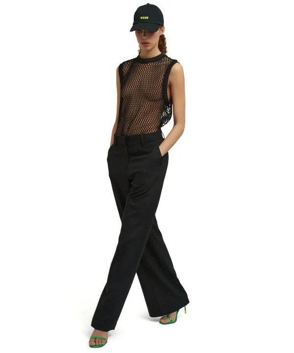 MSGM Top Girocollo A Rete In Cotone Tinta Unita Black Store