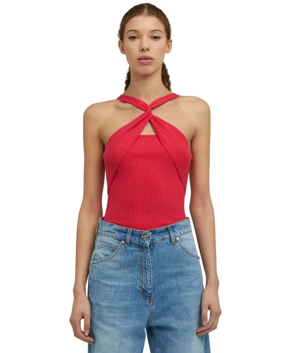MSGM Top Incorciato In Viscosa Elasticizzata A Coste Fucsia Best Sale