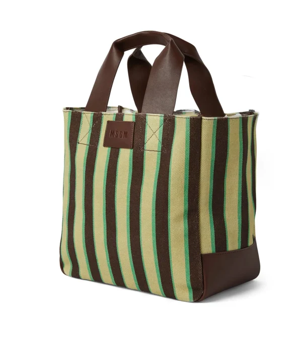 MSGM Tote Bag In Cotone A Righe Con Manici In Pelle Multicolor Brown Store