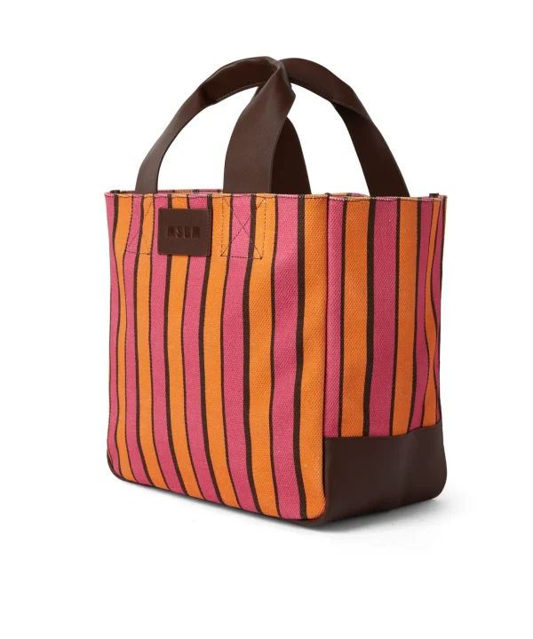 MSGM Tote Bag In Cotone A Righe Con Manici In Pelle Fucsia Shop
