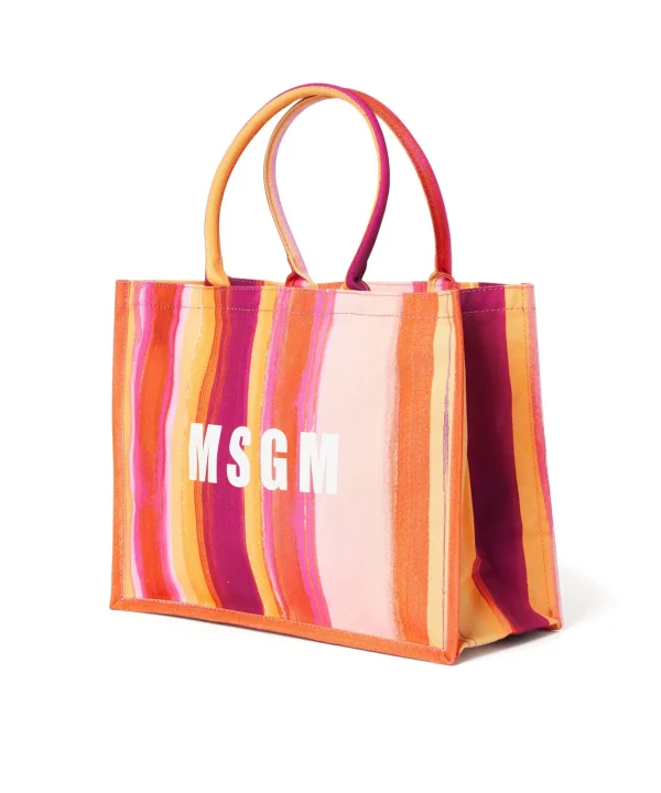 MSGM Tote Bag In Cotone "Brushed Stripes" Con Logo Pink Fluo Outlet