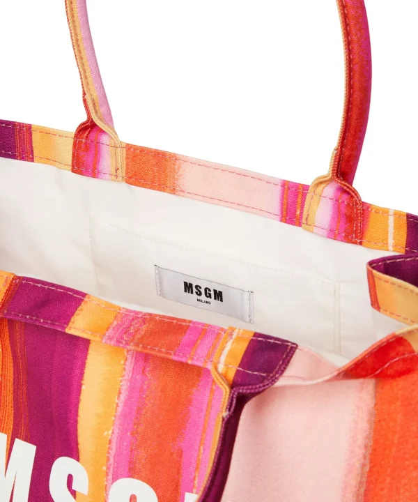 MSGM Tote Bag In Cotone "Brushed Stripes" Con Logo Pink Fluo Outlet