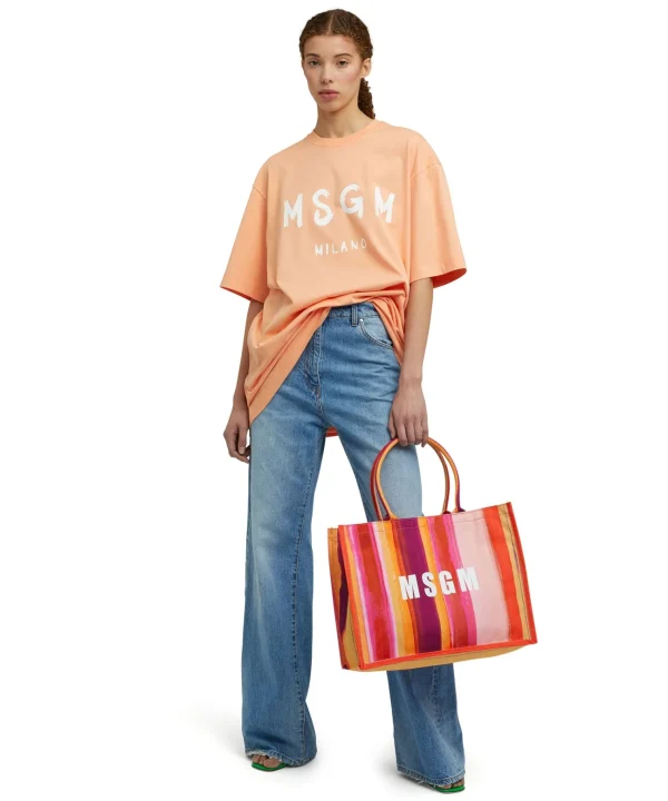 MSGM Tote Bag In Cotone "Brushed Stripes" Con Logo Pink Fluo Outlet