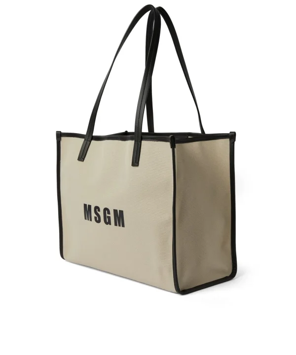 MSGM Tote Bag In Cotone Canvas E Dettagli In Pelle Beige Best