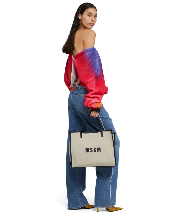 MSGM Tote Bag In Cotone Canvas E Dettagli In Pelle Beige Best