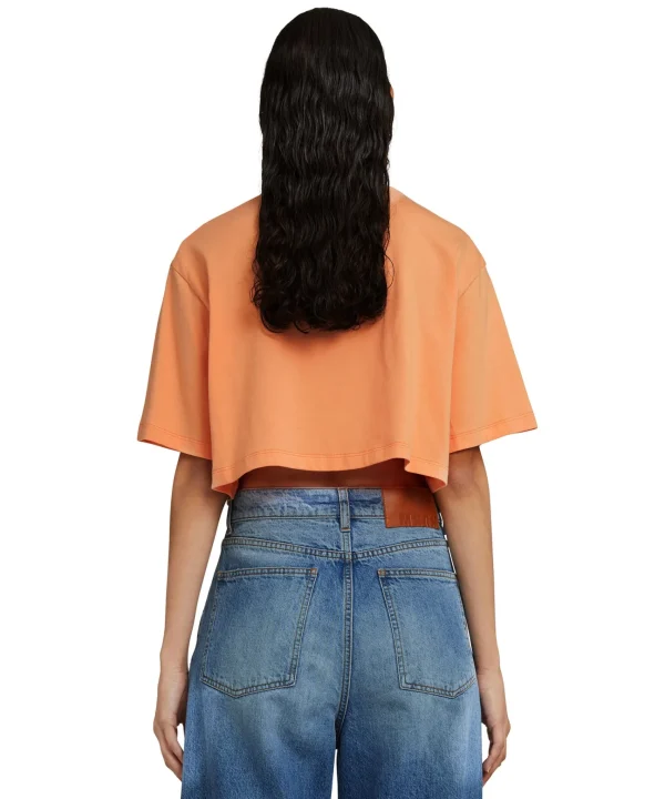 MSGM T-Shirt Crop Girocollo In Cotone Tinta Unita Con Grafica " Sunset" Orange Outlet