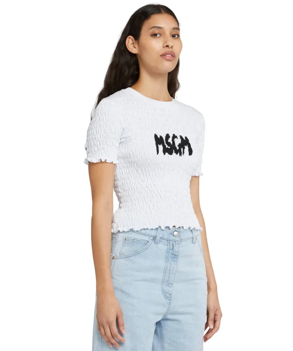 MSGM T-Shirt Crop In Cotone Con Lavorazione Punto Smock White Outlet