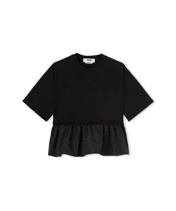 MSGM T-Shirt Girocollo In Cotone Con Balza In Taffeta Black Cheap