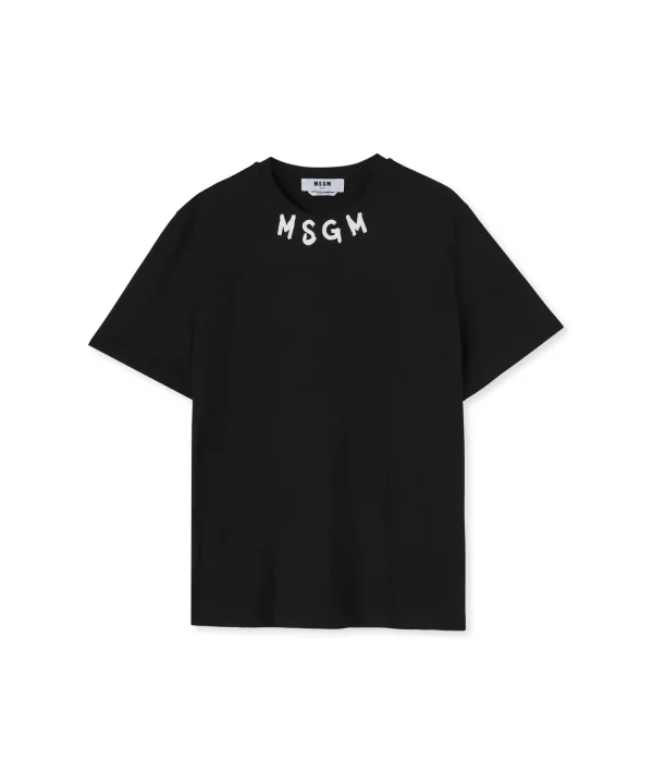 MSGM T-Shirt Girocollo In Cotone Con Logo Pennellato Posizionato Sul Collo Black Discount