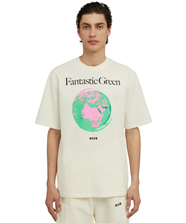 MSGM T-Shirt Girocollo In Cotone Organico Della Capsule Fantastic Green Cream Fashion