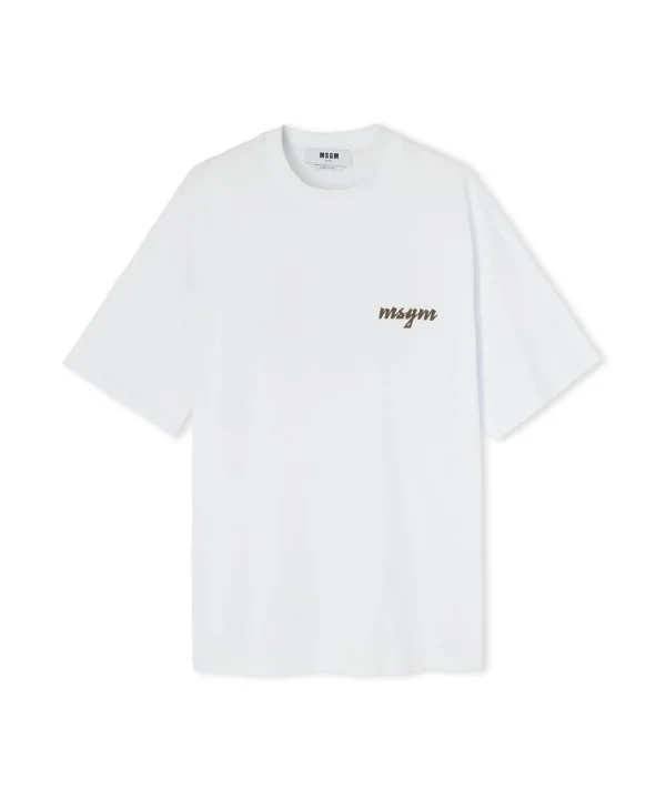 MSGM T-Shirt Girocollo In Cotone Con Logo Multicolor Corsivo Ricamato White Clearance