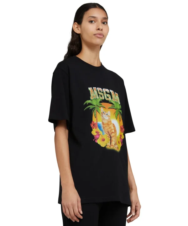 MSGM T-Shirt Girocollo In Cotone Con Grafica "College Cat" Black Flash Sale
