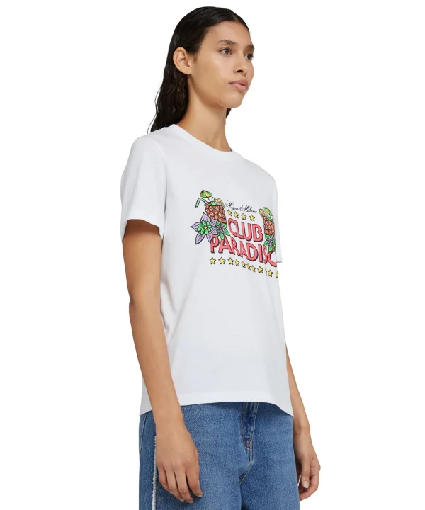 MSGM T-Shirt Girocollo In Cotone Tinta Unita Con Grafica "Club Paradiso" White Sale